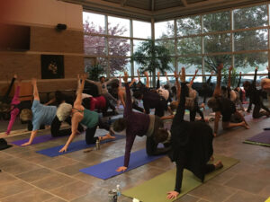 Yoga class in the atrium.