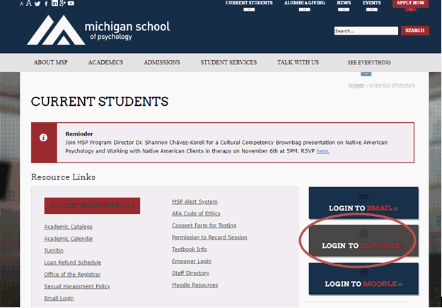 Screenshot of Current Student page on website