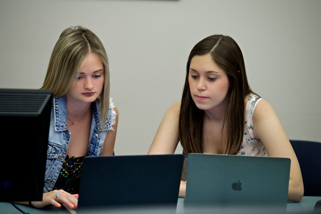 stock photo of two women sitting next to each other working on laptops