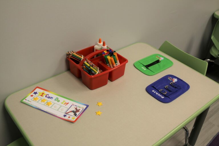 Photo of a table in the MSP ABA room set up for working on lip skills such as using buckles and zippers