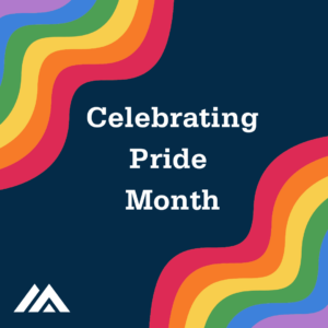 Navy blue graphic reading celebrating pride month with rainbow squiggles in each corner