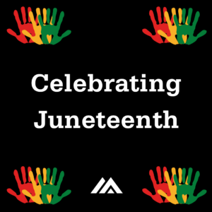 Black background with the words Celebrating Juneteenth with red, yellow, and green handprints in each corner.