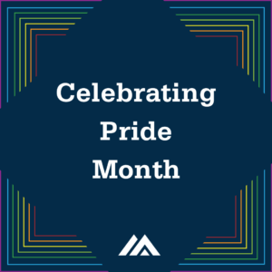Navy blue graphic reading celebrating pride month with rainbow lines in each corner