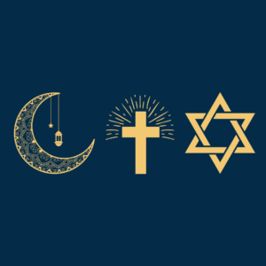 Dark blue background with golden symbols representing Eid, Easter, and Passover