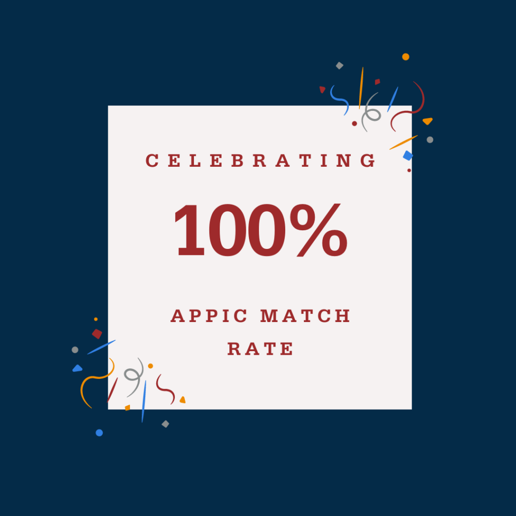 Graphic with confetti that says "Celebrating 100% APPIC Match Rate"
