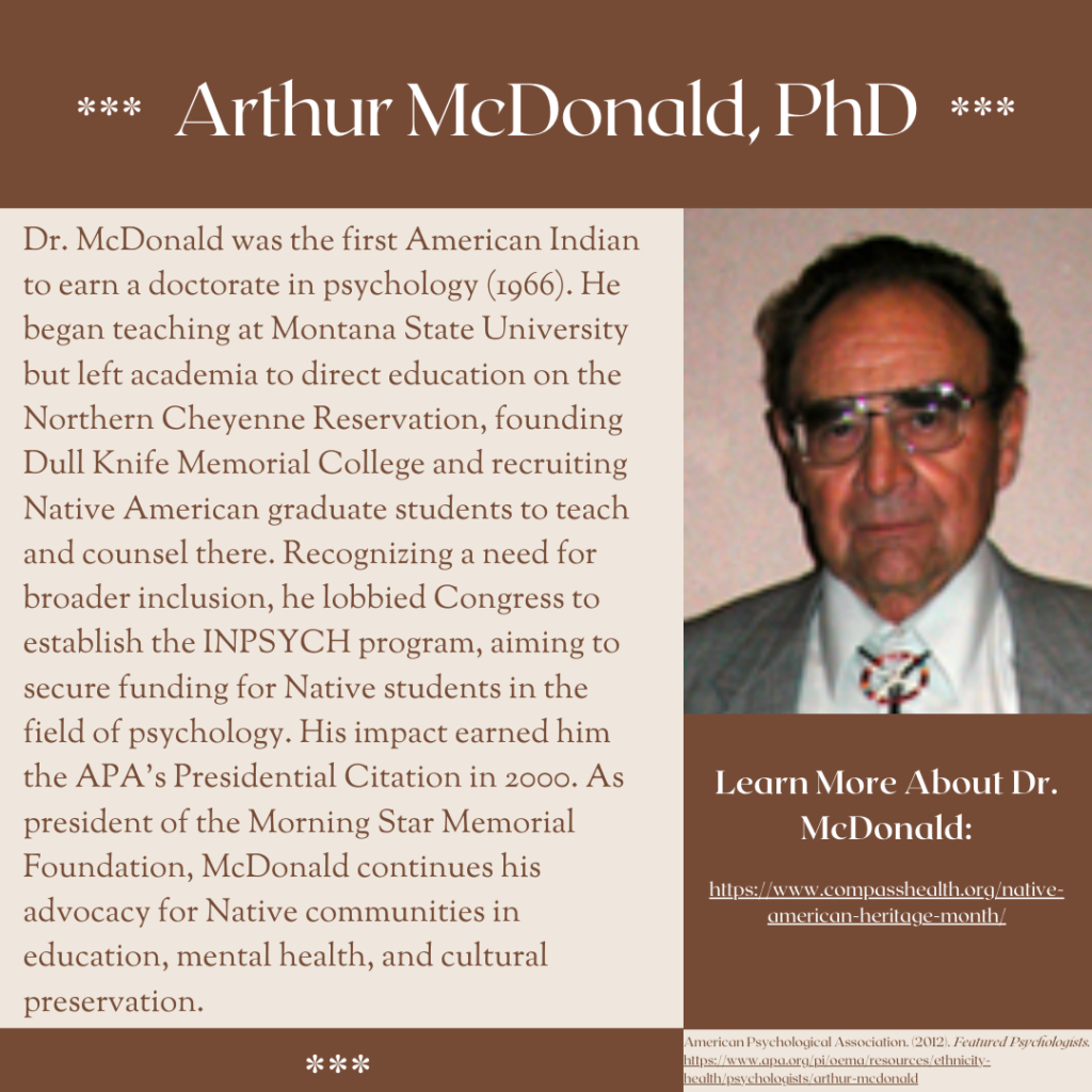 Arthur McDonald, PhD Link to learn more about Dr. McDonald also linked in text. Dr. McDonald was the first American Indian to earn a doctorate in psychology (1966). He began teaching at Montana State University but left academia to direct education on the Norther Cheyenne Reservation, founding Dull Knife Memorial College and recruiting Native American graduate students to teach and counsel there. Recognizing a need for broader inclusion he lobbied Congress to establish the INPSYCH program, aiming to secure funding for Native students in the field of psychology. His impacts earned him the APA's Presidential Citation in 2000. As president of the Morning Star Memorial Foundation, McDonald continues his advocacy for Native communities in education, mental health, and cultural preservation.