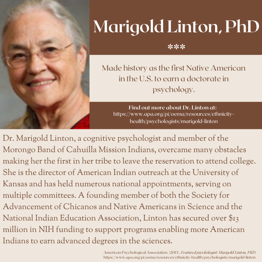 Marigold Linton, PhD Made history as the first Native American in the U.S. to earn a doctorate in Psychology. Link to page about Dr. Linton included in text. Dr. Marigold Linton, a cognitive psychologist and member of the Morongo Band of Cahuilla Missions Indians, overcame many obstacles making her the first in her tribe to leave the reservation to attend college. She is the director of American Indian outreach at the University of Kansas and has held numerous national appointments, serving on multiple committees. A found members of both the society for Advancement of Chicanos and Nation Americans in Science and the National Indian Education Association, Linton has secured over $13 million in NIH funding to support programs enabling more American Indians to earn advanced degrees in the sciences.